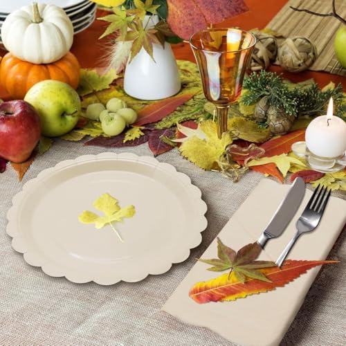 Fall Paper Plates and Napkins Ivory Scalloped Paper Plates Tableware Serves 40,Thanksgiving Party Platter for Boho Baby Shower Wedding Birthday - Image 4
