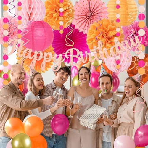 Hot-Pink Orange Birthday Decoration for Women Girl, Fall Peach Burnt-Orange Gold Balloon Décor-Happy Banner, Streamers Lanterns Honeycomb, Tissue Flowers Pom Poms Fan, Boho Sunset Autumn Party Décor - Image 6
