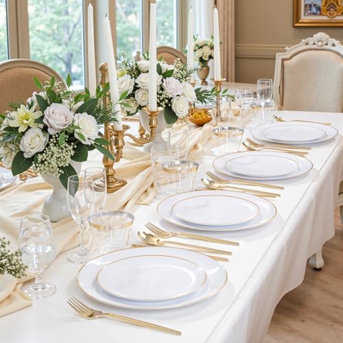 bUCLA 150PCS Gold Plastic Plates Disposable - Gold Dinnerware Set - Include 25 Each (Dinner & Dessert) Plates, 25 Knives, 25 Forks, 25 Spoons & 25 Cups for Party, Thanksgiving, Fall Harvest & Autumn - Image 6