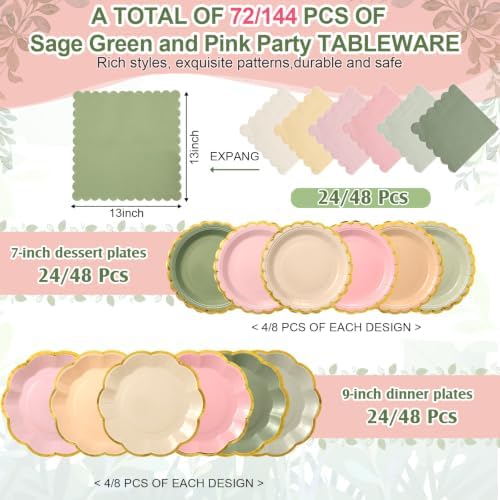 72 Pcs 24 Guests Sage Green and Pink Paper Plates and Napkin Party Supplies - Image 2