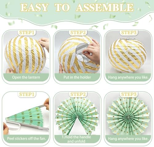 ADLKGG 14 Pcs Sage Green Gold Party Decorations, Paper Lanterns Fans Decor - Image 7