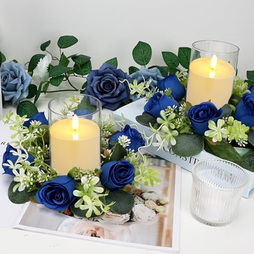 6 Sets Artificial Roses Candle Rings with LED Candles, Royal Blue - Image 5
