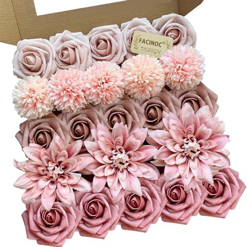 FACINOC Dusty Roses Artificial Flowers Pink Fake Flower Bulk Box Set by FACINOC