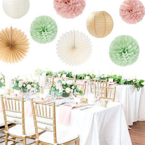 Sage-Green Pink-Beige Bridal-Shower Party-Decorations - 36pcs Bride to Be Banner,Bachelorette Paper Lanterns,Neutral Wedding Streamers Garland,Boho Tissue Pom Poms Flower Fan Decor Supplies Burgleda - Image 6