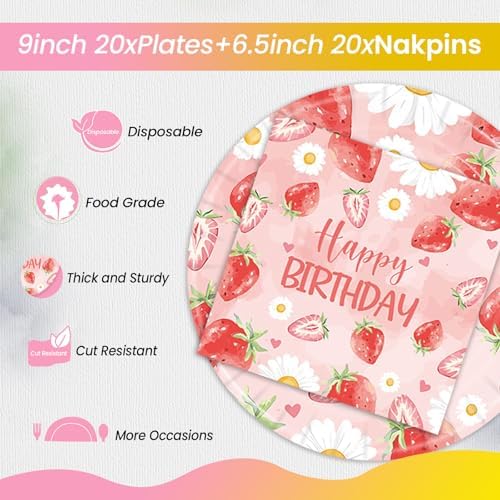 40PCS Strawberry Birthday Paper Plates and Napkins Party Set - Image 3
