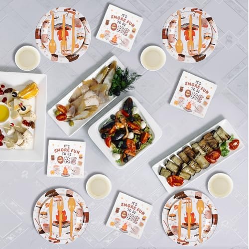 Yungyan 252 Pcs S'mores Camping Birthday Party Tableware Set Included Plates Napkins Cups Forks Knives Cutlery for Party Decorations Supplies 36 Guests - Image 6