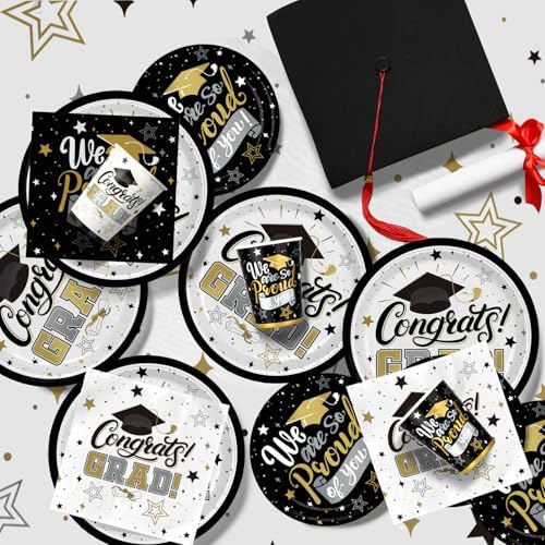 Graduation Decorations 2026 Black and Gold Grad Party Supplies with Disposable Plates, Napkins, Tablecloth, Cups and Congrats Grad Banner for 24 Guests - Graduation Party Decorations - Image 3