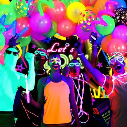 SNLN 161Pcs Neon Party Decorations Glow in the Dark Birthday Supplies Neon Balloon Arch Kit & Backdrop Tablecloth UV Blacklight Luminous Glow Balloons Kids Teen Adult Rainbow 80s 90s Disco Party Decor - Image 6