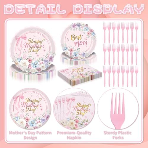 96 Pieces Mother’s Day Floral Tableware Set – Pink Scalloped Disposable Plates, Napkins and Forks for Mother’s Day Party, Brunch, Tea Party, and Spring Celebrations – Serves 24 Guests - Image 3
