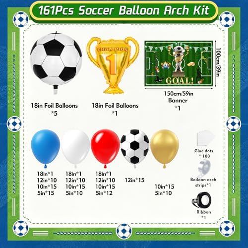Soccer Party Decorations 161Pcs, Soccer Balloon Garland Arch Kit with Backdrop Banner 18'' Football Foil Balloons, Blue Red Gold White Balloons for Boys Sports Fan Birthday Soccer Party Decor - Image 2