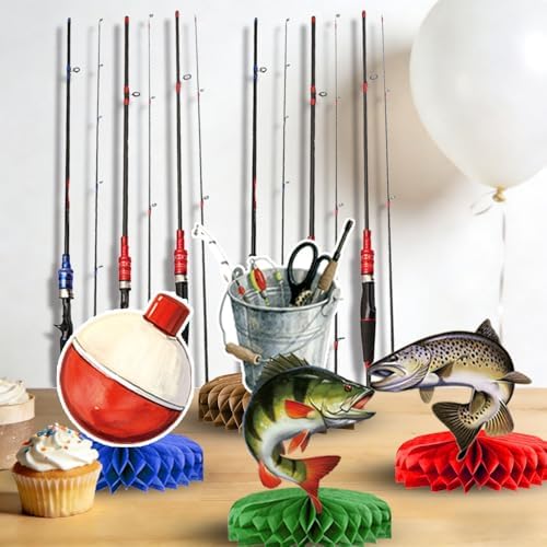 Fishing Birthday Party Decorations - Plates, Napkins, Cups, Cutlery, Honeycomb Centerpieces, Banner, Hanging Swirls, Tablecloths, Toppers, Balloons for Ofishally One Birthday Decorations, Serves 24 - Image 5