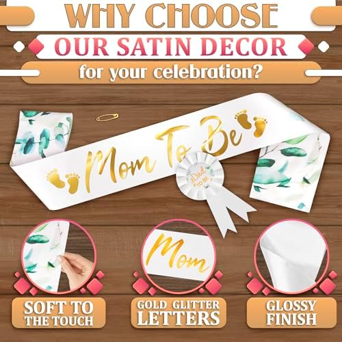 V TOWER Mom to Be Sash Baby Shower and Daddy to Be Pin, Satin (White) - Image 3