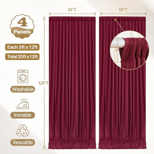20x12ft Burgundy Backdrop Curtain Panels for Parties - Wrinkle Free Polyester Photo Curtain Backdrop Wedding Back Drop Fabric Drapes for Party Decorations Background for Photography - Image 4
