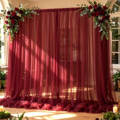 10x10ft Burgundy Tulle Backdrop Curtain for Parites, Sheer Photo Backdrop Drapes for Wedding Baby Shower Bridal Shower Birthday Party Photo Shoot Background Decorations by Partisky