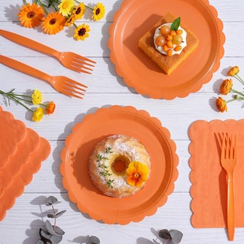 105PCS Orange Paper Plates & Napkins Set,7inch Scallope,with Forks - Image 5
