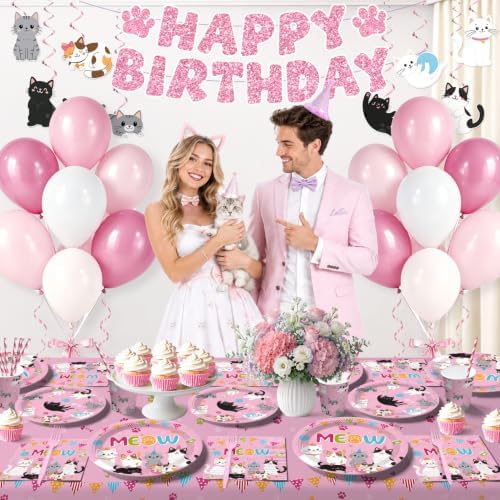 214Pcs Cat Birthday Decorations Tableware Set, 25 Serves - Image 4