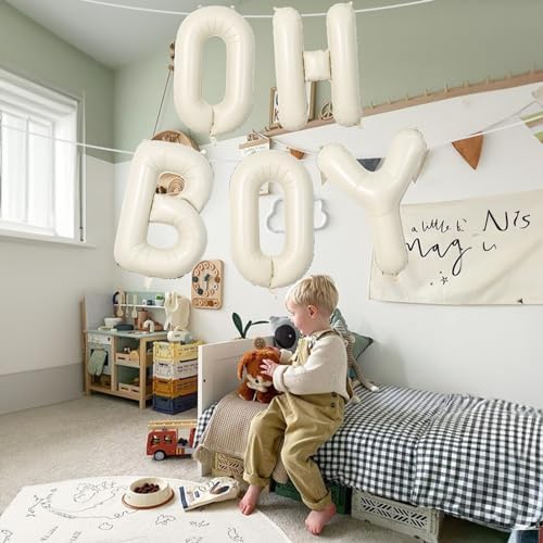 Large Beige Oh Boy Balloons, 40 Inch Cream White Sand OH BOY Balloon Letters with Ribbon, Neutral Ivory Alphabet Oh Boy Balloon for Baby Kid Boys Birthday Baby Shower Gender Reveal Party Decorations - Image 6