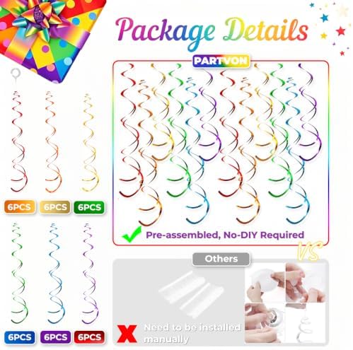 36 PCS Rainbow Hanging Swirl Decorations, Sparkle Ceiling Swirls with Plastic Streamers for Pride Party, Unicorn Theme, Kids Birthday, Baby Shower, Graduation, Wedding - Image 4