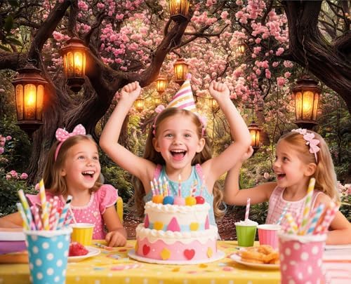 Pink Spring Enchanted Forest Backdrop, Cherry Blossom Road Fairy Tale Wonderland Garden Photography Background for Kids, Baby Shower Birthday Party Decoration Cake Table Photo Booth Props 12X10FT - Image 3