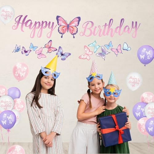 Butterfly Birthday Decorations, Girls Birthday Supplies - Plates, Napkins, Cups, Cutlery, Cake & Cupcake Toppers, Banner, Hanging Swirls, Tablecloth, Balloons for Butterfly Party Decorations, Serve 20 - Image 5