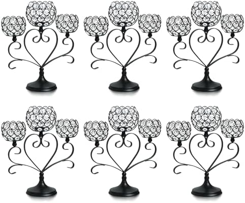6 Pcs 3-Arm Heart Tea Light Candle Holder - Crystal & Metal Wedding Centerpiece Decor, Sparkling Table Decor for Anniversaries/Romantic Tabletop Home/Dinner Party/Events (6, Black) by kehail