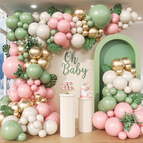 152Pcs Pink and Green Balloon Garland Arch Kit - Sage Green and Pink White Sand Gold Different Size Balloons for Girl Baby Shower Wedding Birthday Jungle Safari Woodland Party Decorations by Unknown
