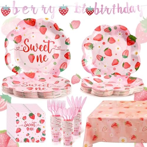 Strawberry First Birthday Decorations for Girl, Strawberry First Birthday Plates Serves 24, Strawberry Plates, Strawberry 1st Birthday Decorations, Berry Sweet One Birthday Party Decorations by Gudvilla