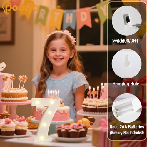Decorative Led Light Up Number Letters, White Plastic Marquee Number Lights Sign Party Wedding Decor Battery Operated Number (7) - Image 2