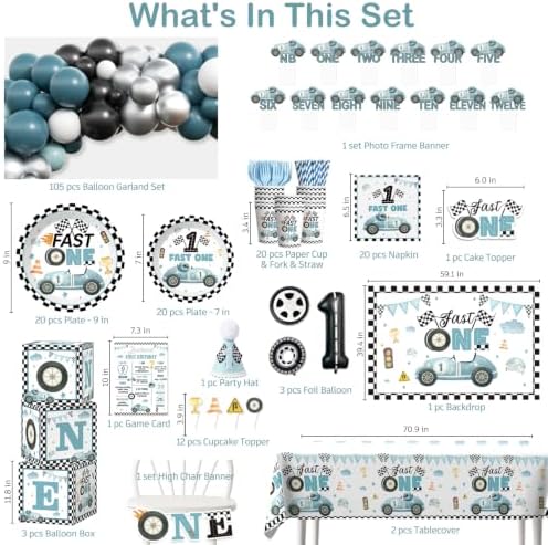 256pcs Blue Fast One Birthday Decorations for Boys, Serves 20 Guests - Image 2
