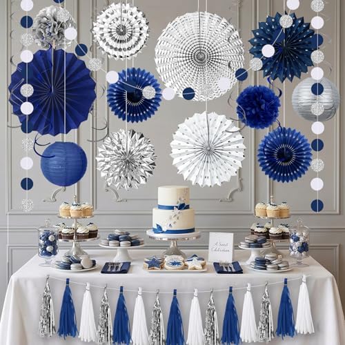 Meiduo 34 Pcs Blue Silver Party Decorations, Fans Lanterns Pom Poms Set - Image 6