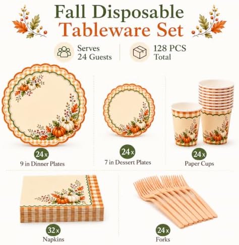 Fall Party Tableware Set, 128 PCS, Serves 24 for Thanksgiving - Image 3