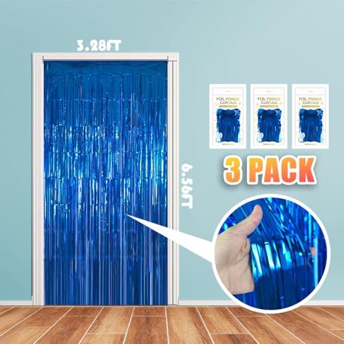 3 Pack 3.28ft x 6.56ft Blue Metallic Tinsel Foil Fringe Curtains, Photo Booth Backdrop Party Decorations for Birthday Wedding Baby Shower Graduation Bachelorette New Years - Image 2