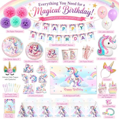 191 Pc Unicorn Birthday Decorations for Girls – Complete Unicorn Party Decorations Supplies Kit with Backdrop, Banner, Plates, Napkins, Balloons, Headband, Tablecloth – Rainbow Party For Kids - Image 2