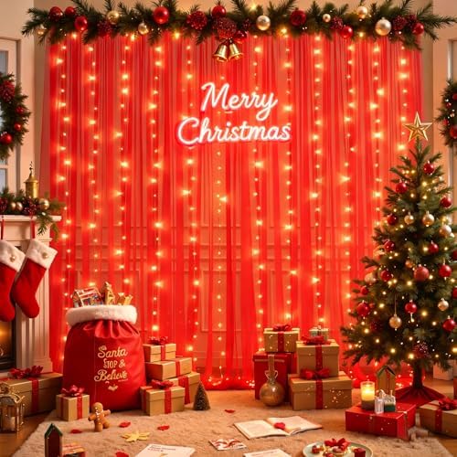 20x10ft Red Tulle Backdrop Curtain with Lights String for Parites, Sheer Photo Backdrop Curtains with Lights for Christmas Wedding Ceremony Reception Bridal Shower Baby Shower Birthday Party - Image 2