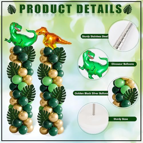 2 Sets Dinosaur Balloon Column Stand Kits Adjustable Green Gold Balloons Column Kit with Monstera Jungle Dinosaur Themed Tower Stand Kit for Dinosaurs Birthday Kids Baby Shower Party Supplies - Image 4