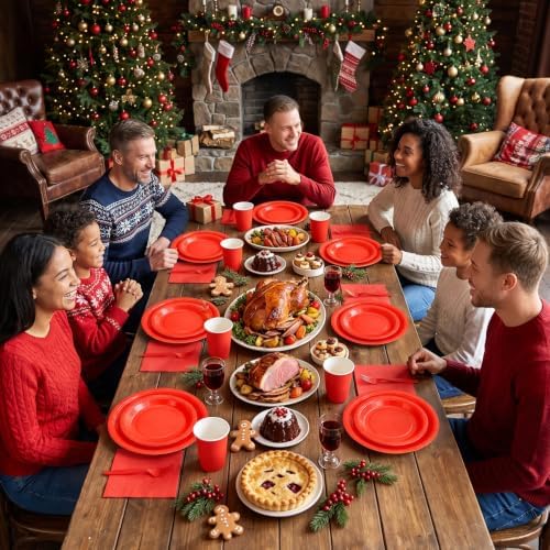 Red Paper Plates and Napkins Party Supplies, 9’’Disposable Red Plates, 7’’Dessert Plate and Cups and Napkins Forks Set for Christmas, New Years, Valentines Days, Birthdays, Graduations, Serves 25 - Image 6