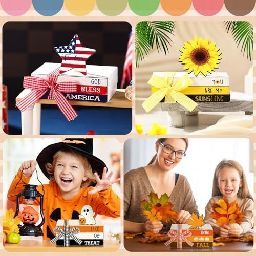 Menkxi Valentines Decorations Valentine's Day Wooden Book Stack Table Centerpiece Seasonal Highland Cow Decoration Tiered Tray Decor Gift for Party Kitchen Home Dining Table Decor(Book Block) - Image 6