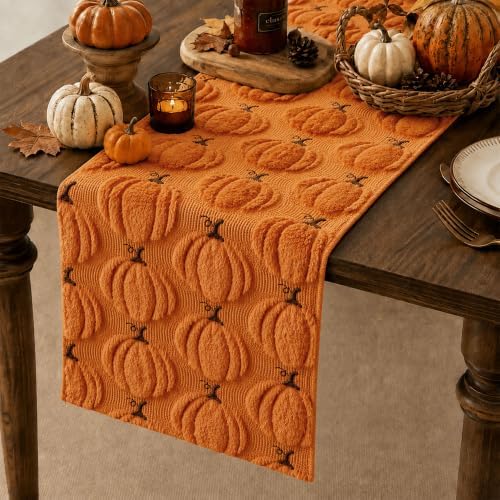Fall Table Runner 13x72 Inch Soft Plush Faux Fur Jacquard Orange Pumpkin Table Runner, Seasonal Autumn Kitchen Dining Table Decoration for Home Party Decor ZR010C72 - Image 2