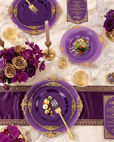Nervure 175Pcs Purple Plastic Plates, Plastic Dinnerware Set for 25 Guests - Image 6