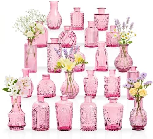 24PCS Mini Bud Vases As Wedding Centerpieces for Tables,Clear Bud Vases for Flowers,Small Flower Vases Suitable for Birthday Party,Anniversary,Wedding Reception,Baby Shower (Pink, 24PCS) by Unknown