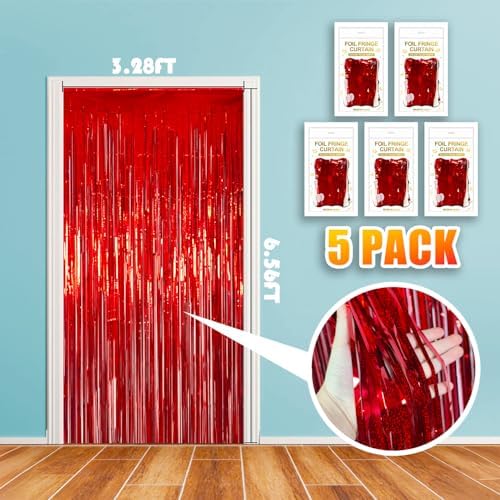5 Pack 3.28ft x 6.56ft Glitter Red Tinsel Foil Fringe Curtains, Photo Booth Backdrop Party Decorations for Birthday Wedding Baby Shower Graduation Valentines Day New Years - Image 2