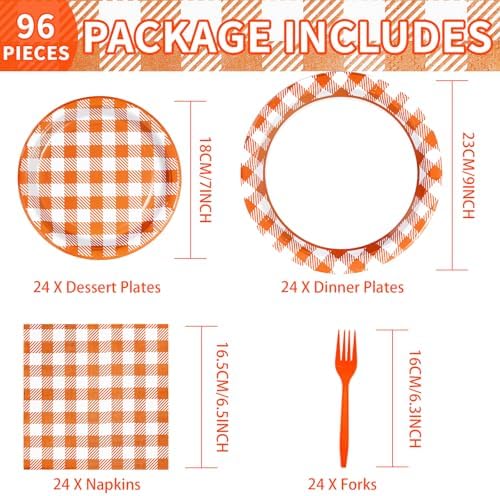 96Pcs Orange Gingham Party Supplies 350GSM Disposable Orange and White Buffalo Checked Paper Plates and Napkins Fall Tableware Set for Thanksgiving BBQ Picnic Baby Shower Birthday Party Decor Serves24 - Image 2