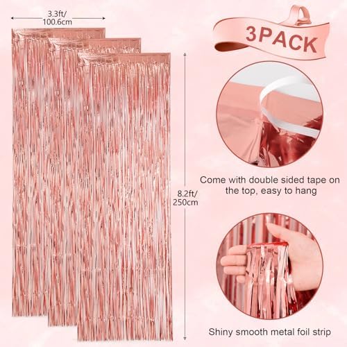 Voircoloria Rose Gold Foil Fringe Backdrop Curtains, 3.3x8.2ft, 3 Pack - Image 3