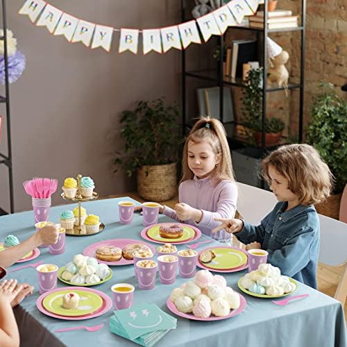 durony 144 Pieces Preppy Smile Face Party Tableware Set Party Decorations Include Smile Face Paper Plates Napkins Cups and Forks for Preppy Birthday Party Baby Shower Decor, Serve 24 Guest - Image 6