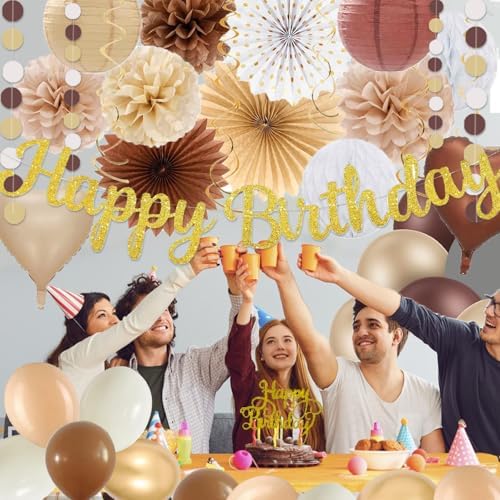 Boho Brown White Birthday Decorations - 62pcs Happy Birthday Banner, Neutral Rustic Paper Lanterns Honeycomb, Hanging Streamers, Tissue Pom Poms Flower Fan, Birthday Decorations for Women Girl Boys - Image 5