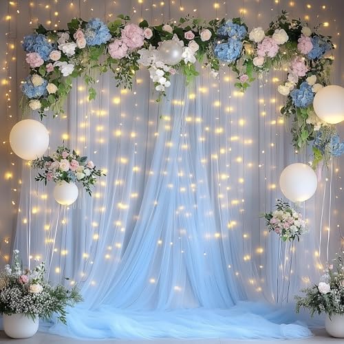 Tulle Backdrop Curtain with Lights 10x8FT Baby Blue Sheer Curtains - Image 7