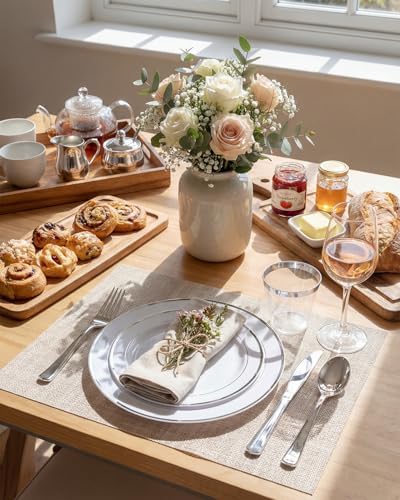 bUCLA 300PCS Silver Disposable Plastic Dinnerware Set - 50 Guests White Silver Disposable Plates Include 50 Dinner Plates,50 Dessert Plates,50 Knives,50 Forks,50 Spoons,50 Cups for Party & Christmas - Image 3