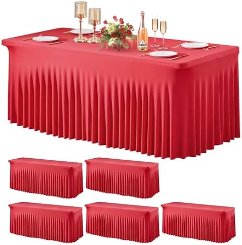 Wish Care 6 Pack Red Stretch Spandex Table Clothes for 4 Foot Rectangle Tables, 4FT Wrinkle Free Fitted Tablecloths Ruffles Design Table Cover for Party, Banquet, Wedding and Events by WishCare