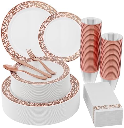 210 PCS Plastic Plates Set With Rose Gold Rim Dinnerware Set for 30 Guests by JOLLYCHEF
