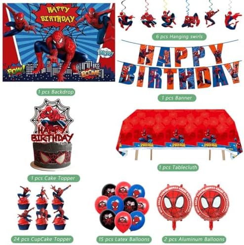 51PCS spidey birthday party supplies, backdrop, "Happy Birthday" banner,tablecloth, large aluminum balloon, small aluminum balloons, latex balloons, cake topper,cupcake toppers, hanging swirls - Image 3
